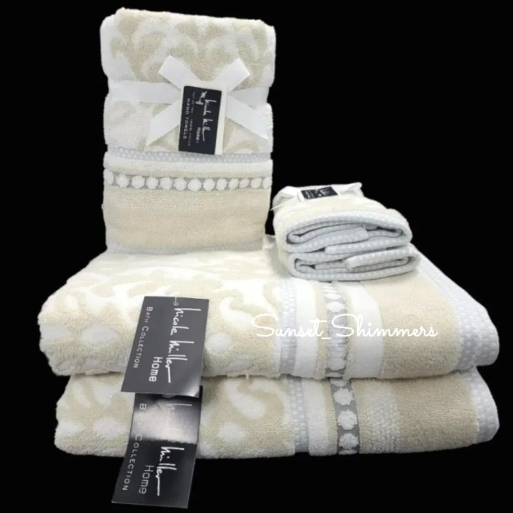 Nicole Miller 6pc Plush Damask Bath Hand Tip Towel Set Tan Gray White Cotton NEW